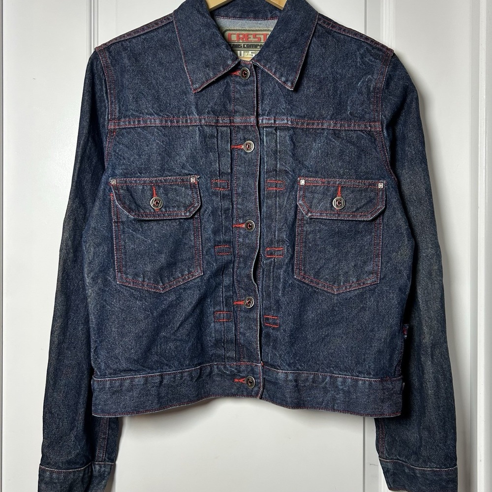 Crest Jeans Company Vintage Y2K Dark Wash Denim Red Stitching Trucker‎ Jacket